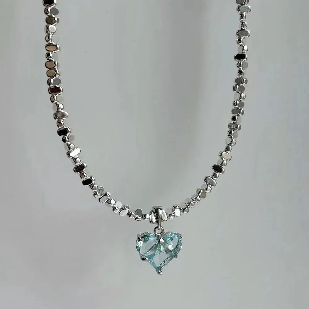 Design Exaggerated Irregular CCB Beads Chain Necklace With Crystal Heart Pendant for Women