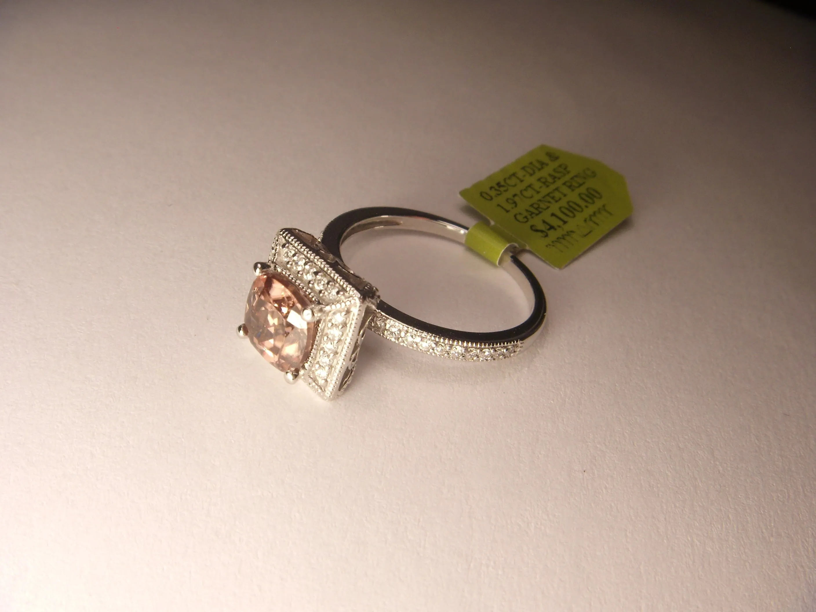 Fabulous 14K White Gold Diamond Raspberry Garnet Filigree Cocktail Ring