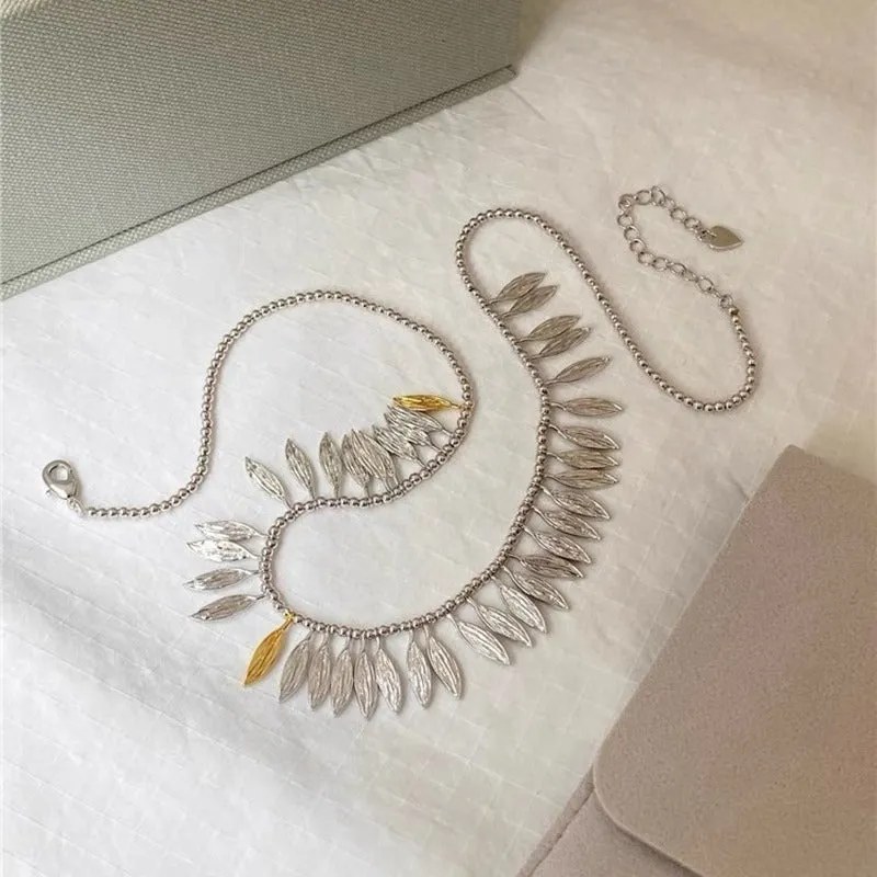 Flora Collection Leafy Tassel Silver Necklace