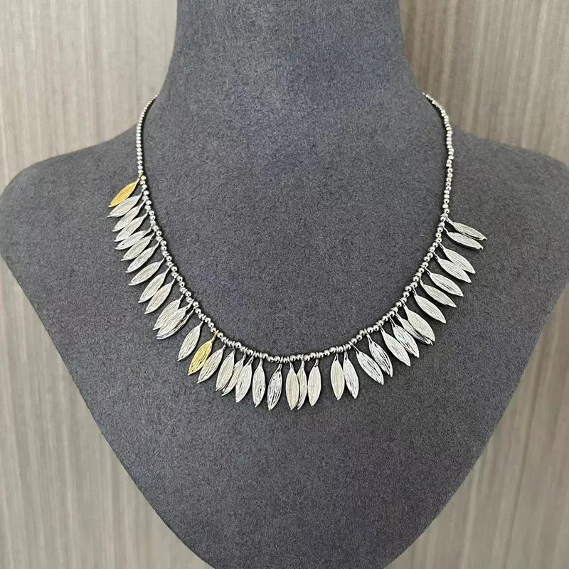 Flora Collection Leafy Tassel Silver Necklace