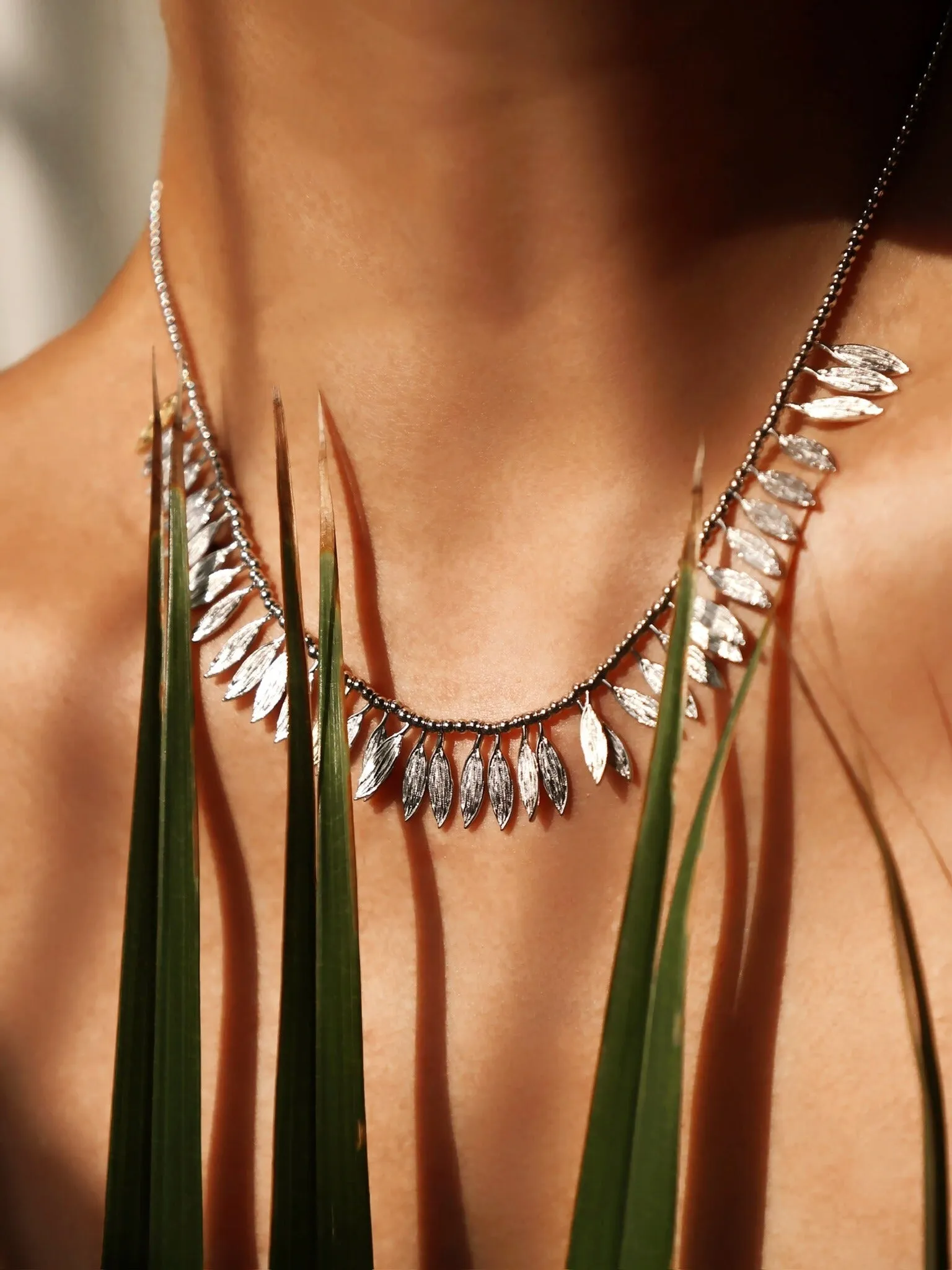 Flora Collection Leafy Tassel Silver Necklace