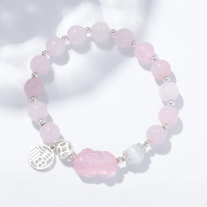 Fortune's Favor Pink Quartz Pixiu Crystal Bracelet - Sterling Silver Stacking Beaded Bracelet