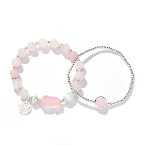 Fortune's Favor Pink Quartz Pixiu Crystal Bracelet - Sterling Silver Stacking Beaded Bracelet