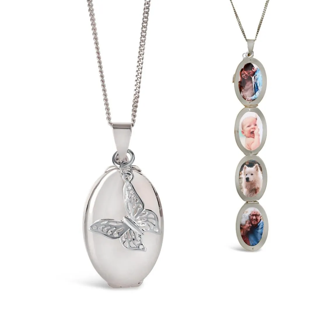 Four Photo Oval Butterfly Locket | White Gold