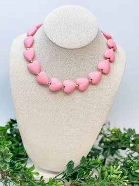 Heart & Gold Bead Necklace - Pink