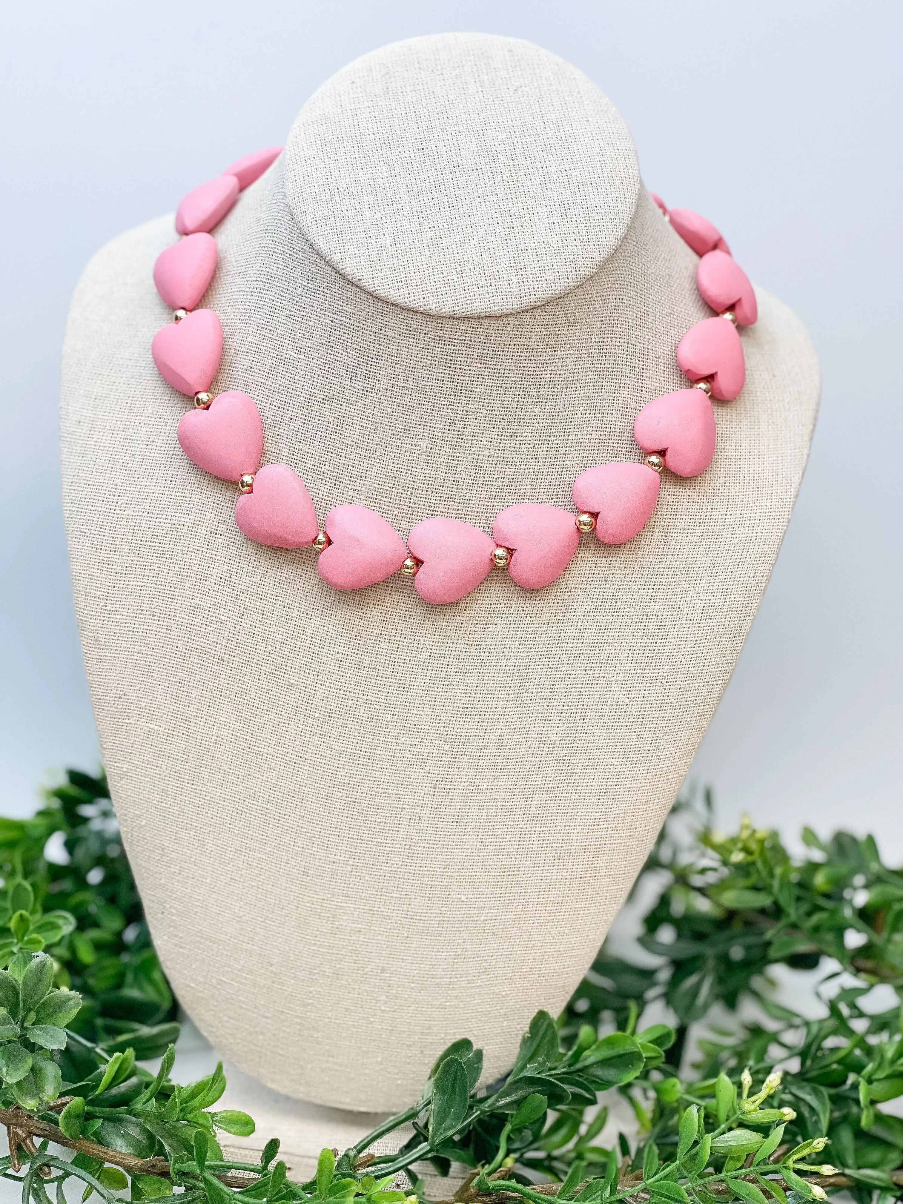 Heart & Gold Bead Necklace - Pink