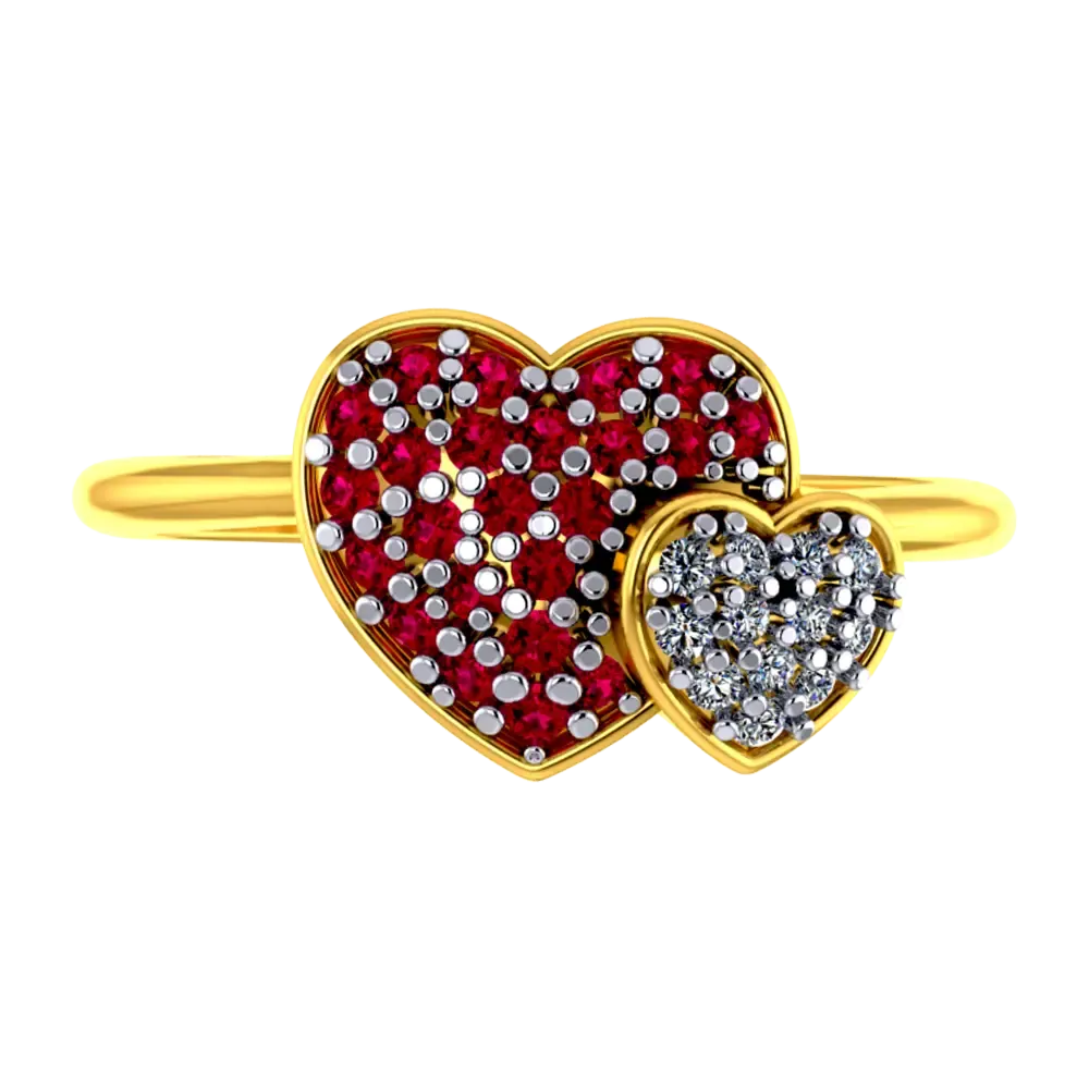 Heart Shaped 22k Gold Ring With American Diamond And Ruby Detailing