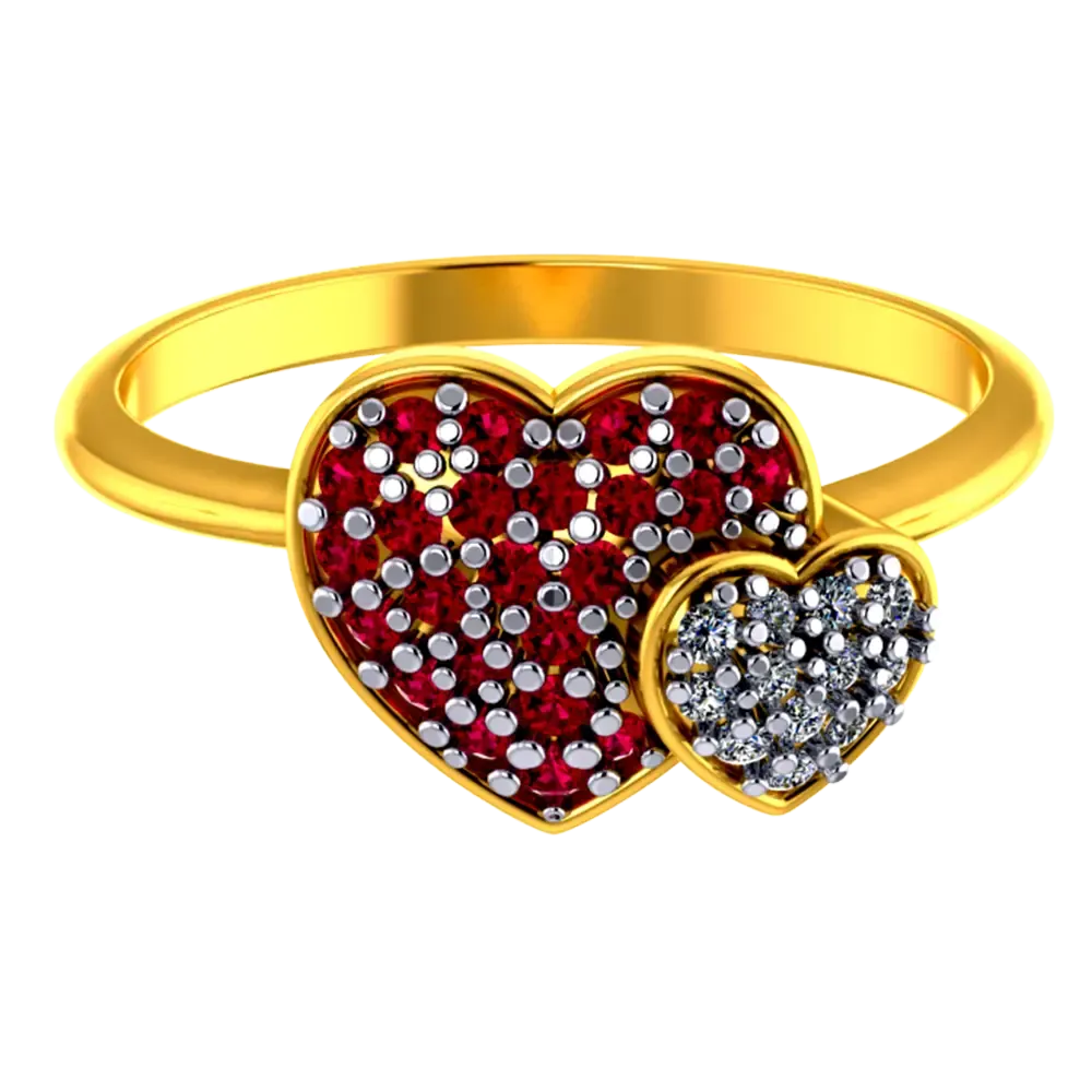 Heart Shaped 22k Gold Ring With American Diamond And Ruby Detailing