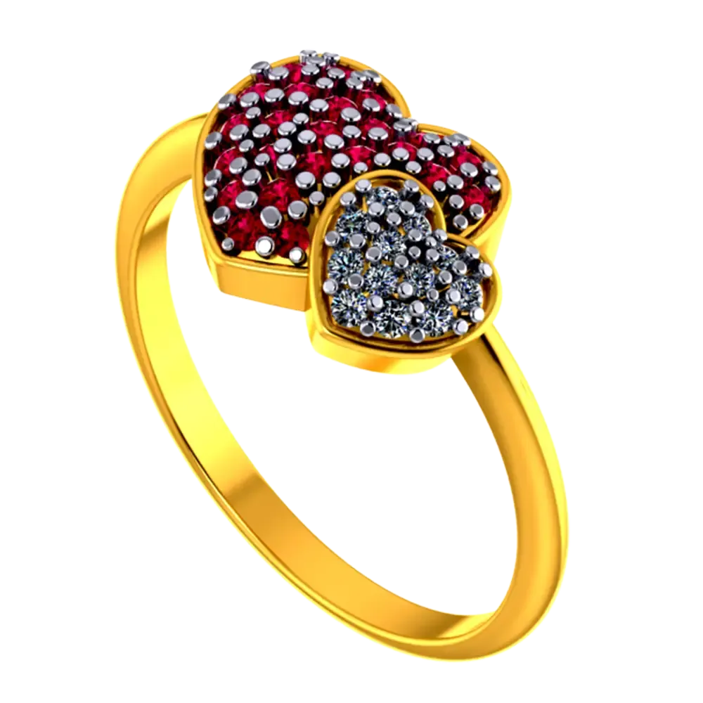 Heart Shaped 22k Gold Ring With American Diamond And Ruby Detailing