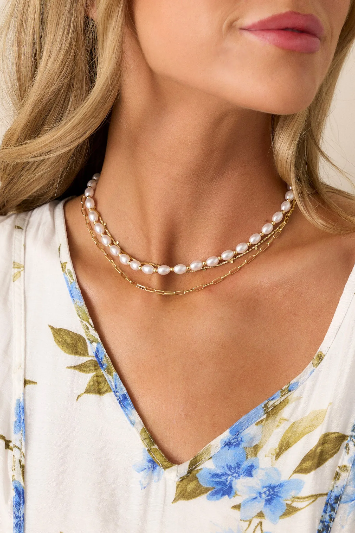 Let's Go Gold & Ivory Pearl Layered Chain Necklace