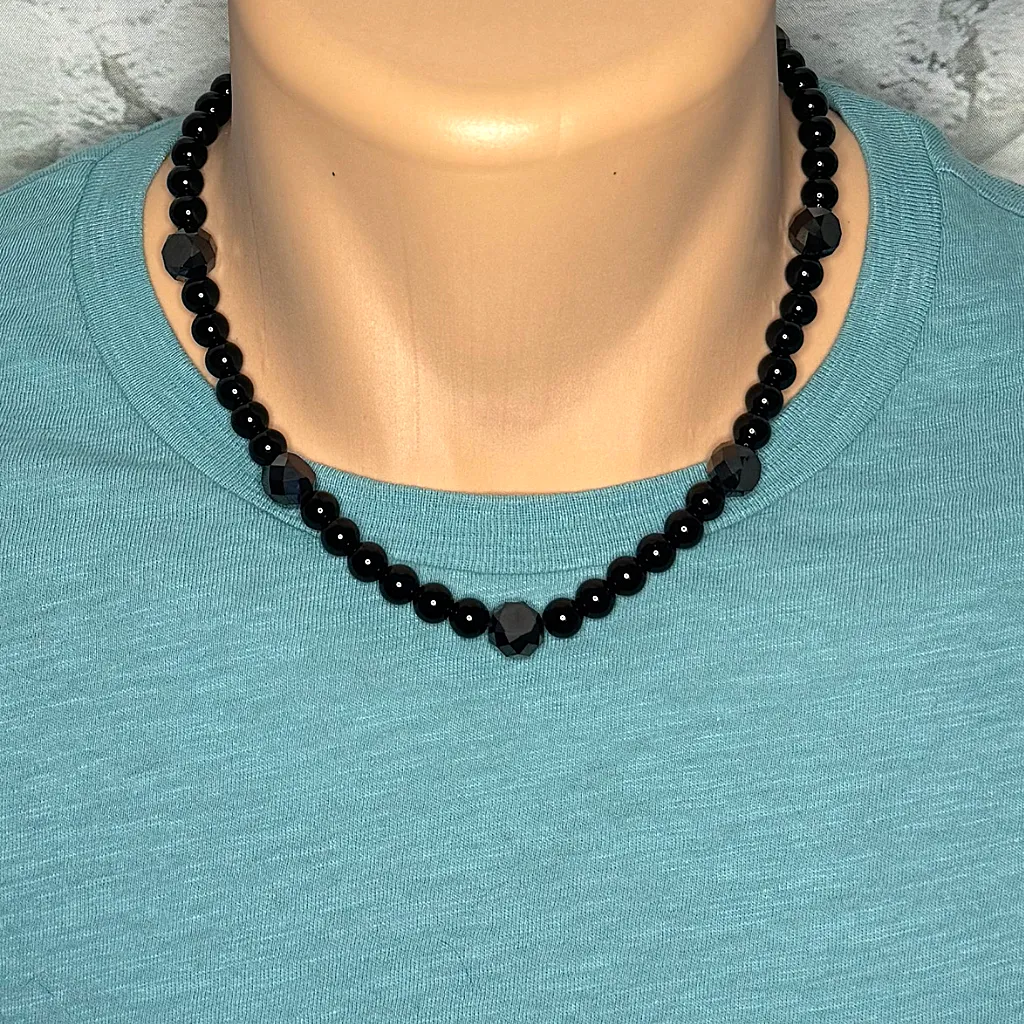 Mens Black Onyx Round and Faceted Beaded Necklace