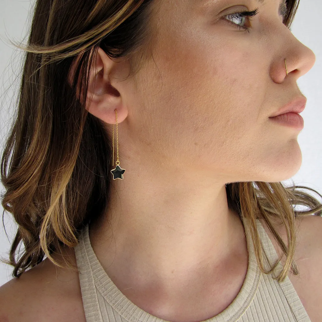 MOON AND ONYX STAR THREADER EARRINGS