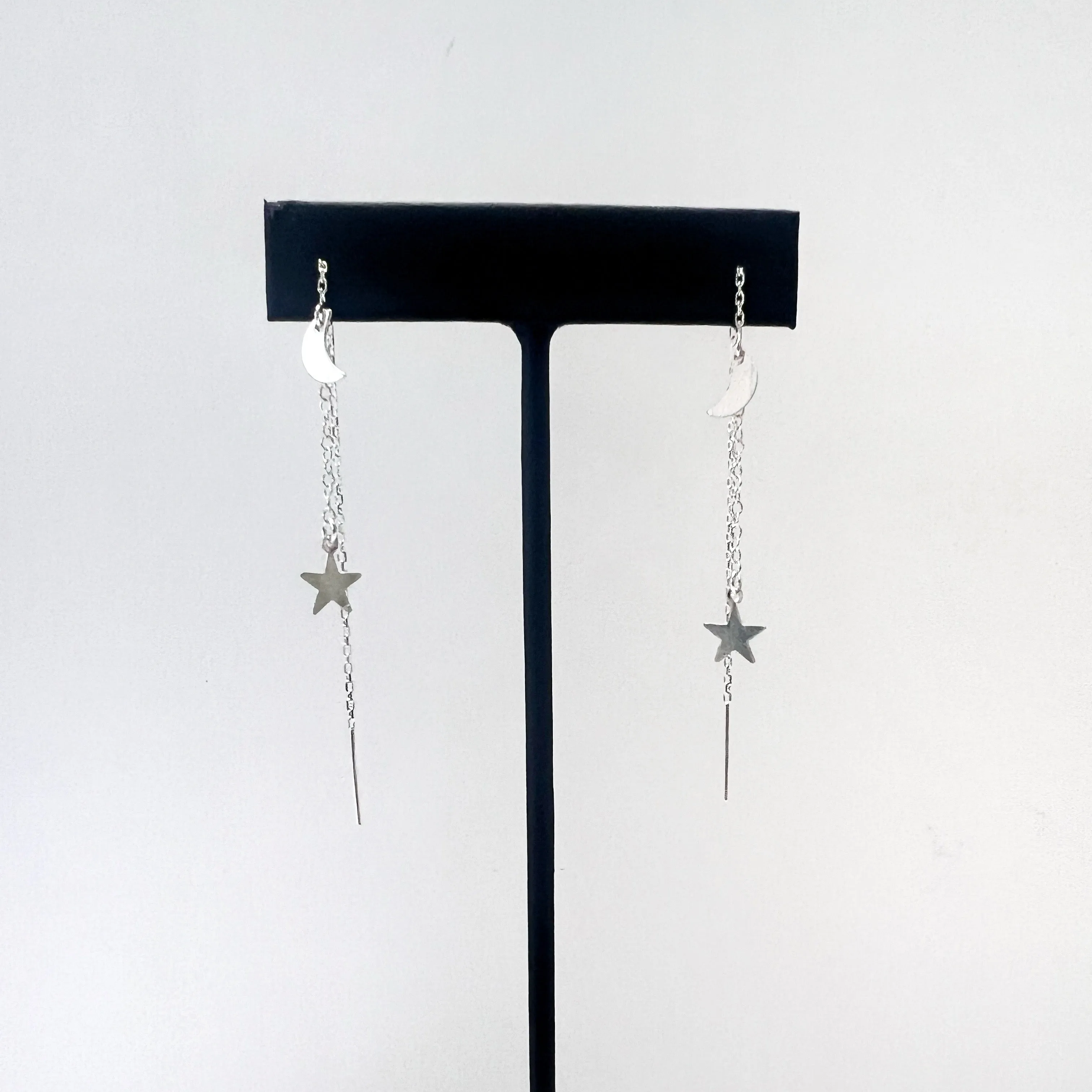 Moon and Star Celestial Drop Threader Earrings - Choose Your Metal
