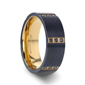 MURAMASA Flat Brushed Black Titanium Ring With A Triple Black Diamond Setting - 8mm
