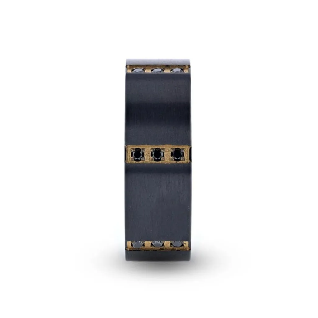 MURAMASA Flat Brushed Black Titanium Ring With A Triple Black Diamond Setting - 8mm