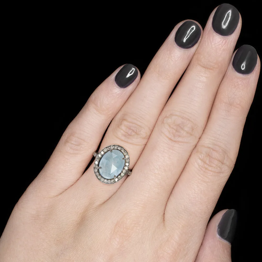 NATURAL AQUAMARINE DIAMOND COCKTAIL RING BLUE OVAL SHAPE ROSE CUT HALO STATEMENT