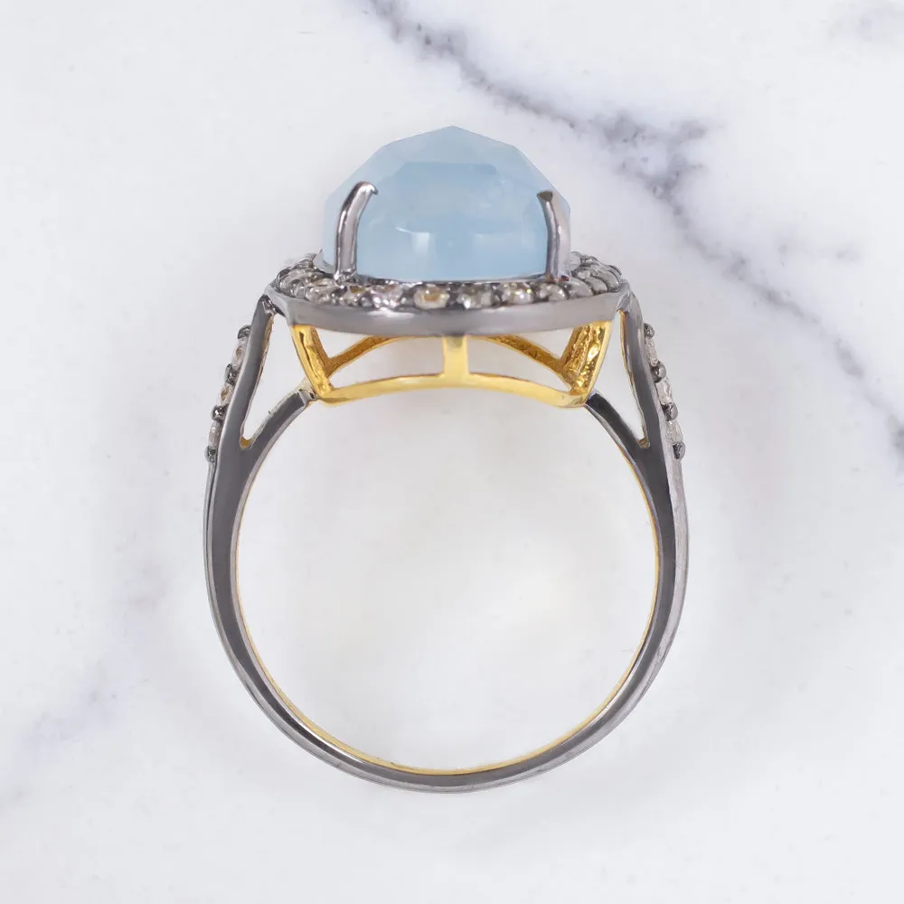 NATURAL AQUAMARINE DIAMOND COCKTAIL RING BLUE OVAL SHAPE ROSE CUT HALO STATEMENT