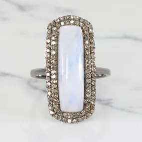 NATURAL MOONSTONE DIAMOND COCKTAIL RING LONG CABOCHON DOUBLE HALO BOHO STYLE