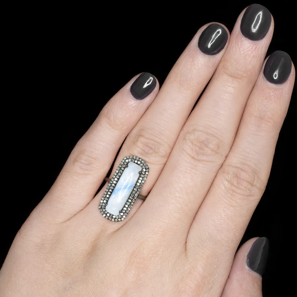NATURAL MOONSTONE DIAMOND COCKTAIL RING LONG CABOCHON DOUBLE HALO BOHO STYLE