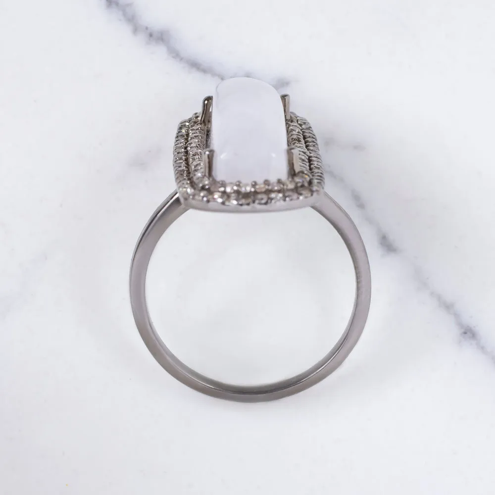 NATURAL MOONSTONE DIAMOND COCKTAIL RING LONG CABOCHON DOUBLE HALO BOHO STYLE