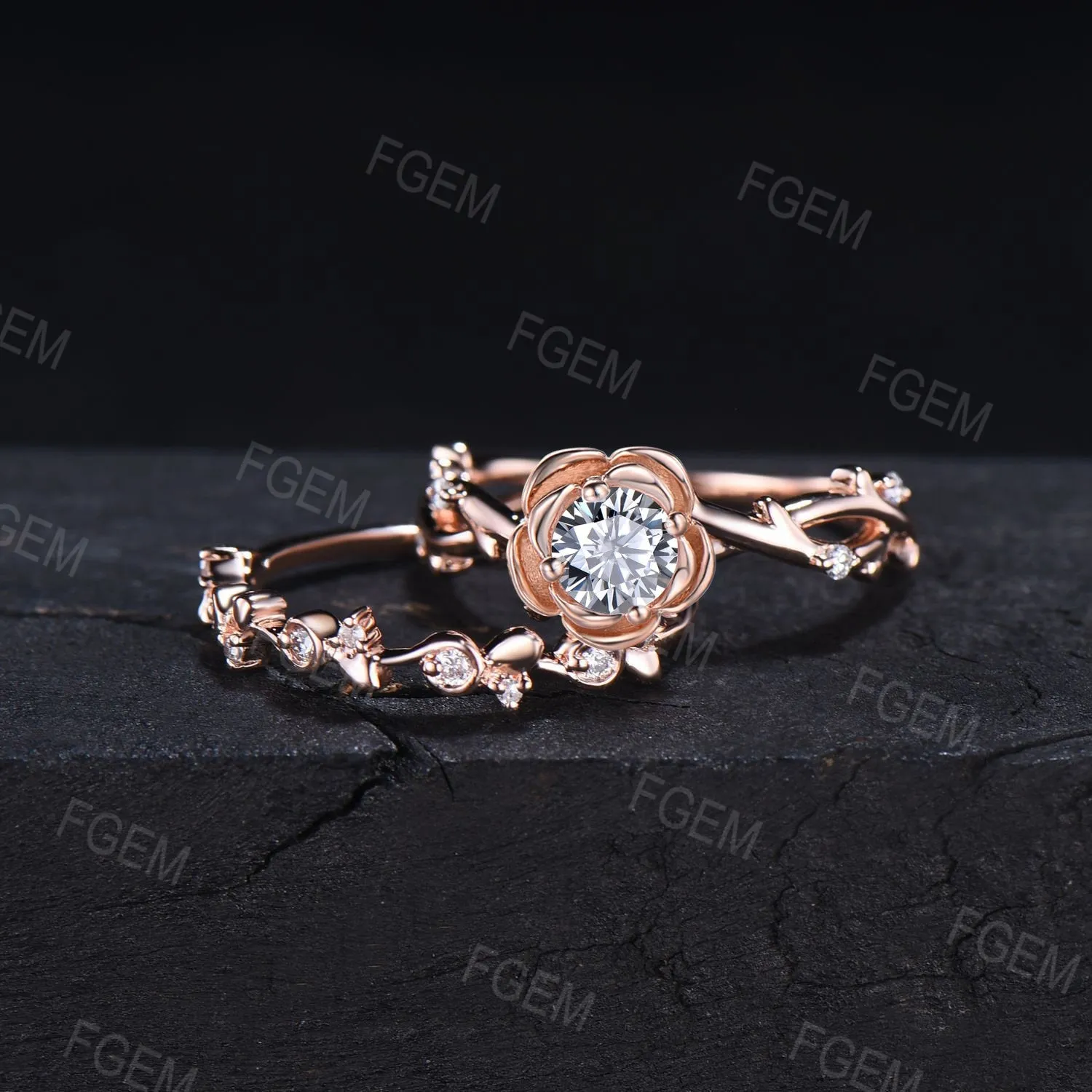 Nature Inspired Grey Moissanite Twig Ring Set Round Cut Rose Flower Engagement Ring 10K Rose Gold Grey Moissanite Ring Floral Promise Ring