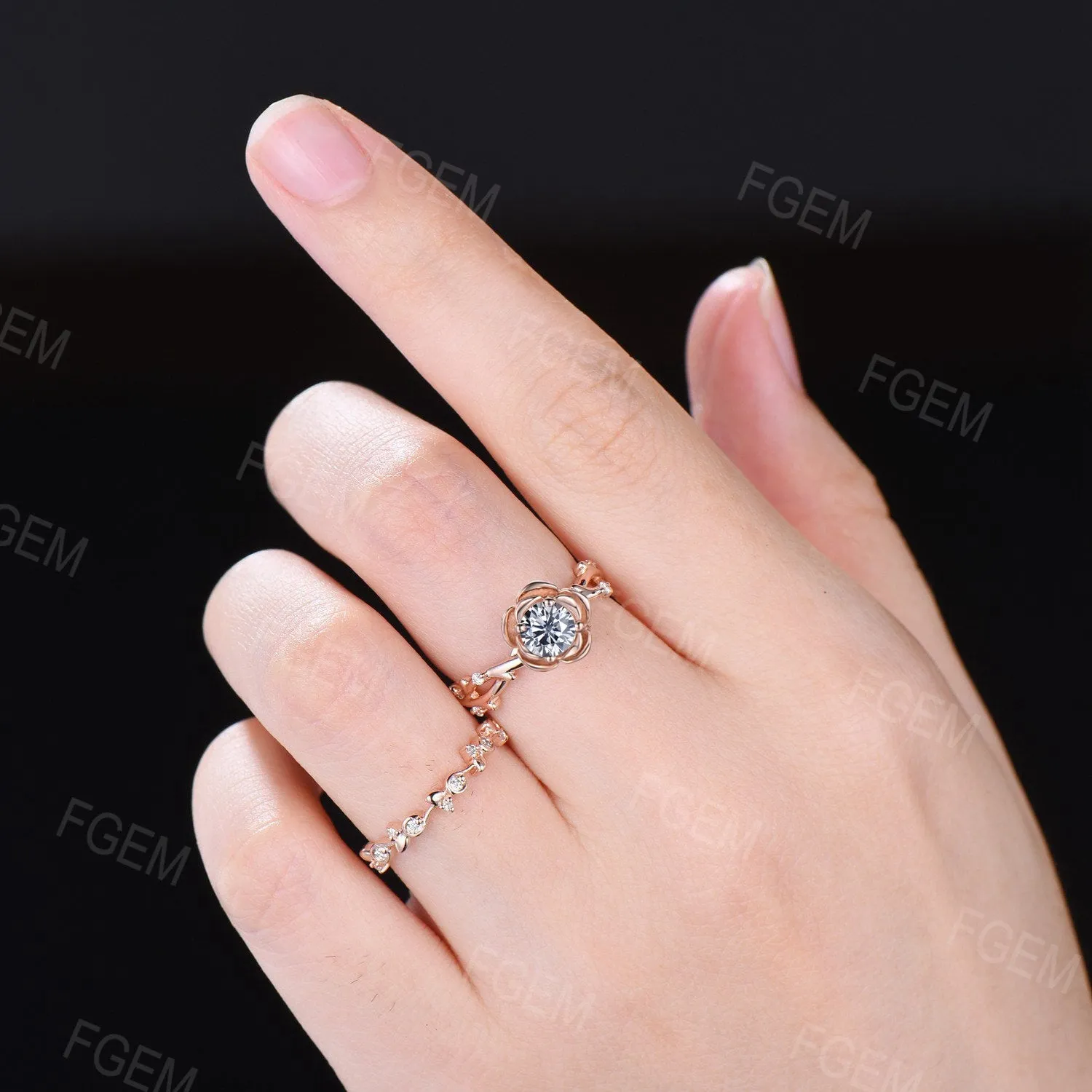 Nature Inspired Grey Moissanite Twig Ring Set Round Cut Rose Flower Engagement Ring 10K Rose Gold Grey Moissanite Ring Floral Promise Ring