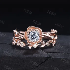 Nature Inspired Grey Moissanite Twig Ring Set Round Cut Rose Flower Engagement Ring 10K Rose Gold Grey Moissanite Ring Floral Promise Ring