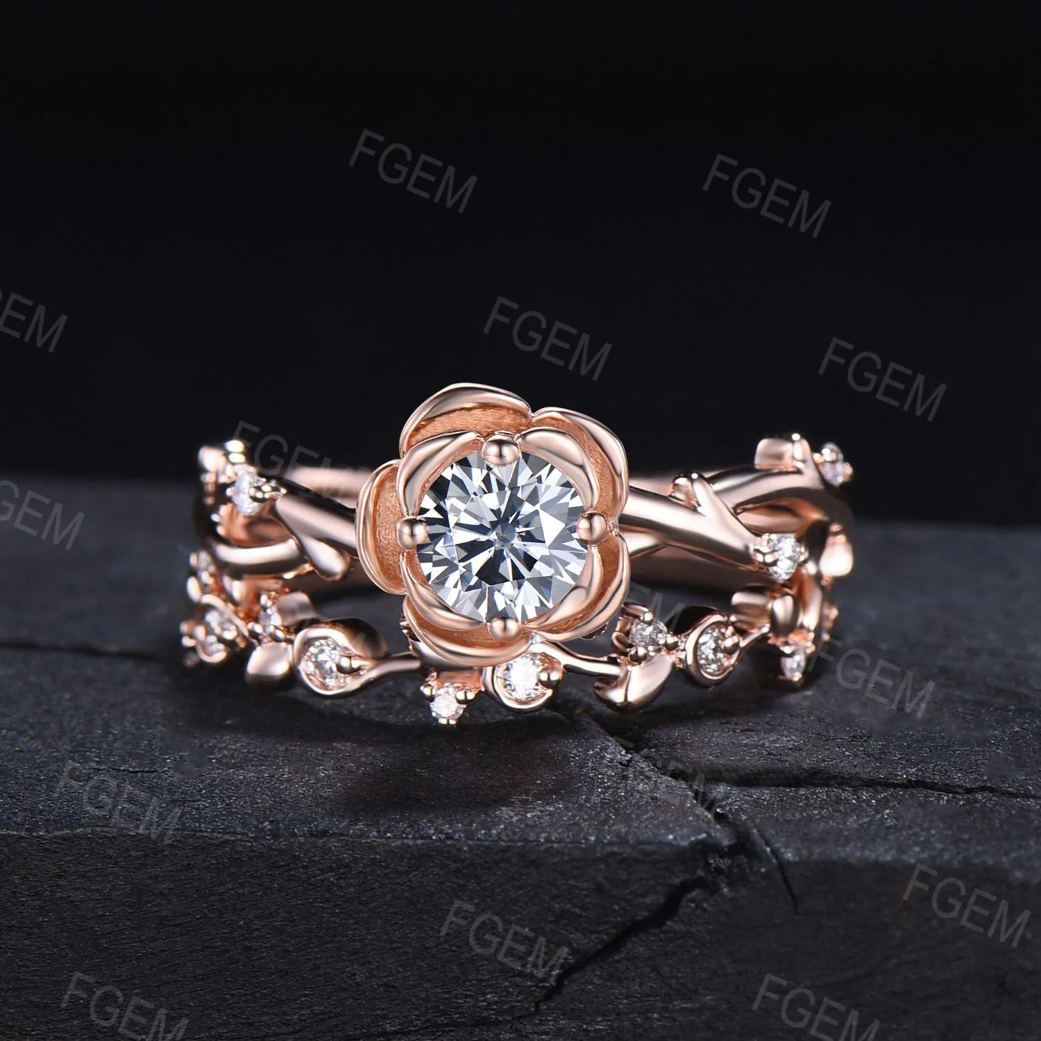 Nature Inspired Grey Moissanite Twig Ring Set Round Cut Rose Flower Engagement Ring 10K Rose Gold Grey Moissanite Ring Floral Promise Ring