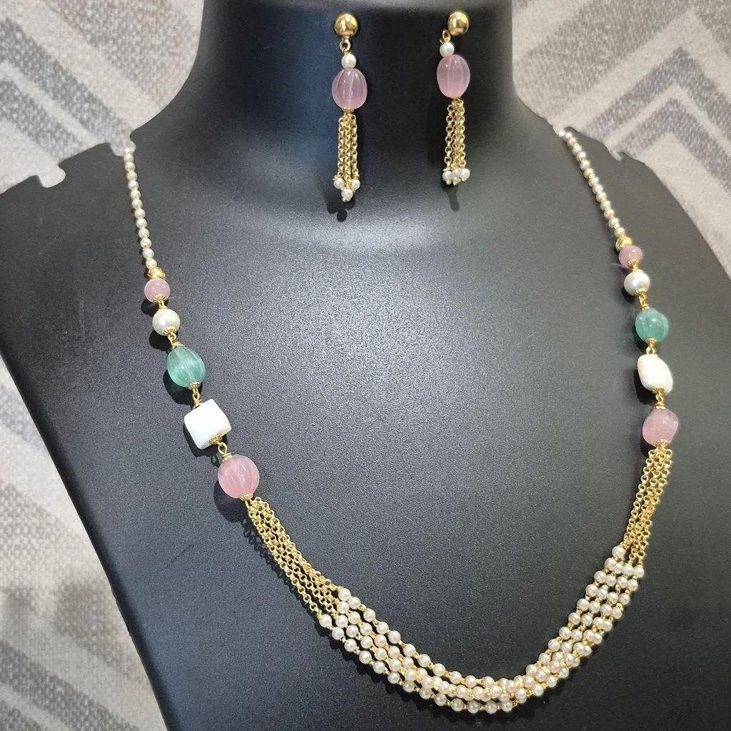 Pink diva Pearl layered necklace with matching earrings