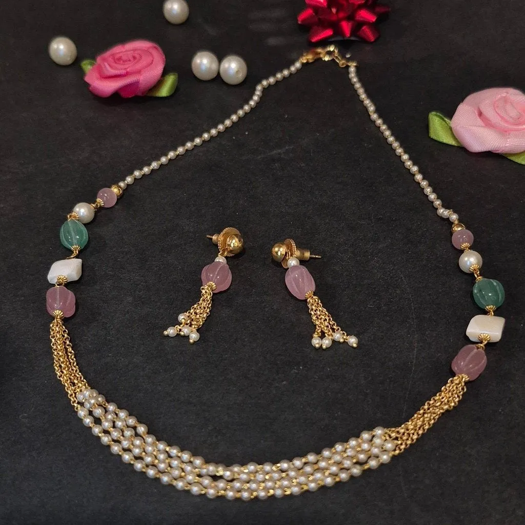 Pink diva Pearl layered necklace with matching earrings