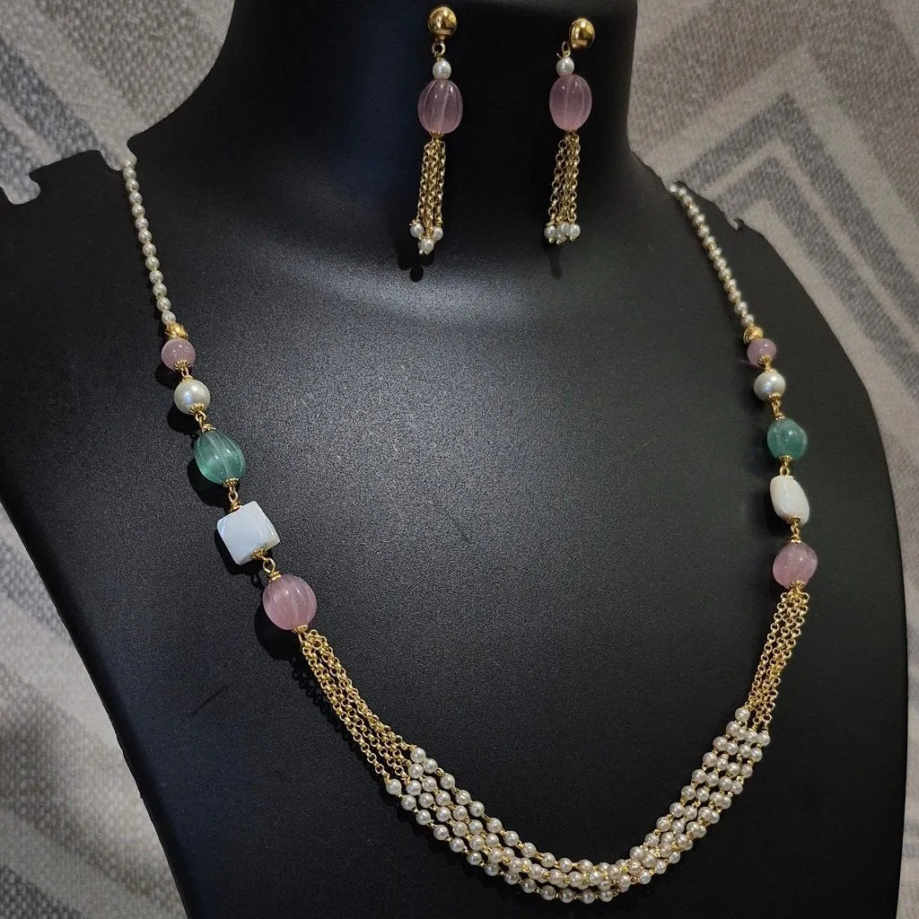 Pink diva Pearl layered necklace with matching earrings