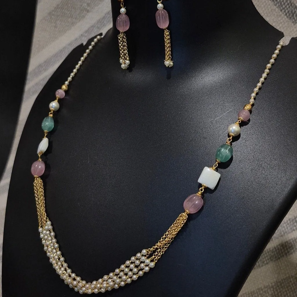 Pink diva Pearl layered necklace with matching earrings