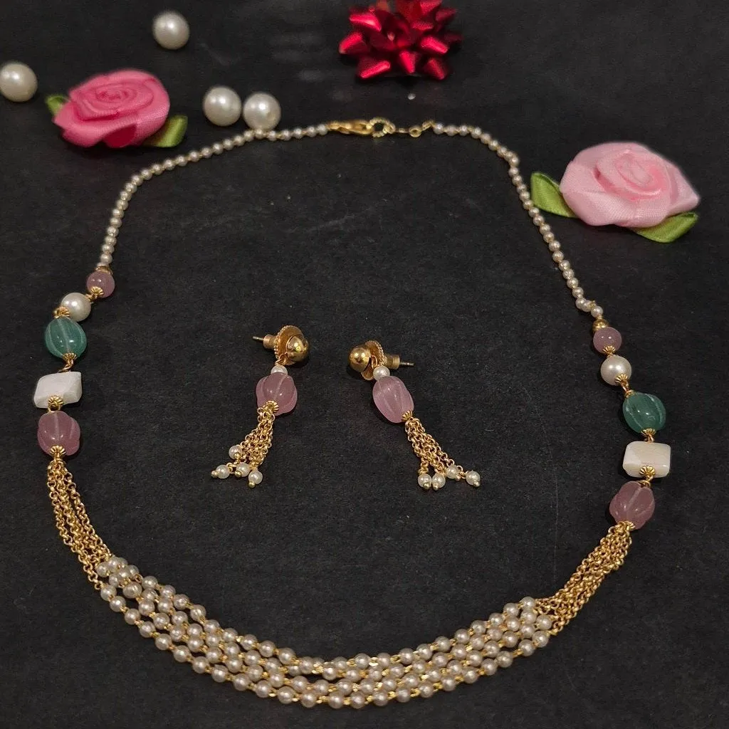 Pink diva Pearl layered necklace with matching earrings