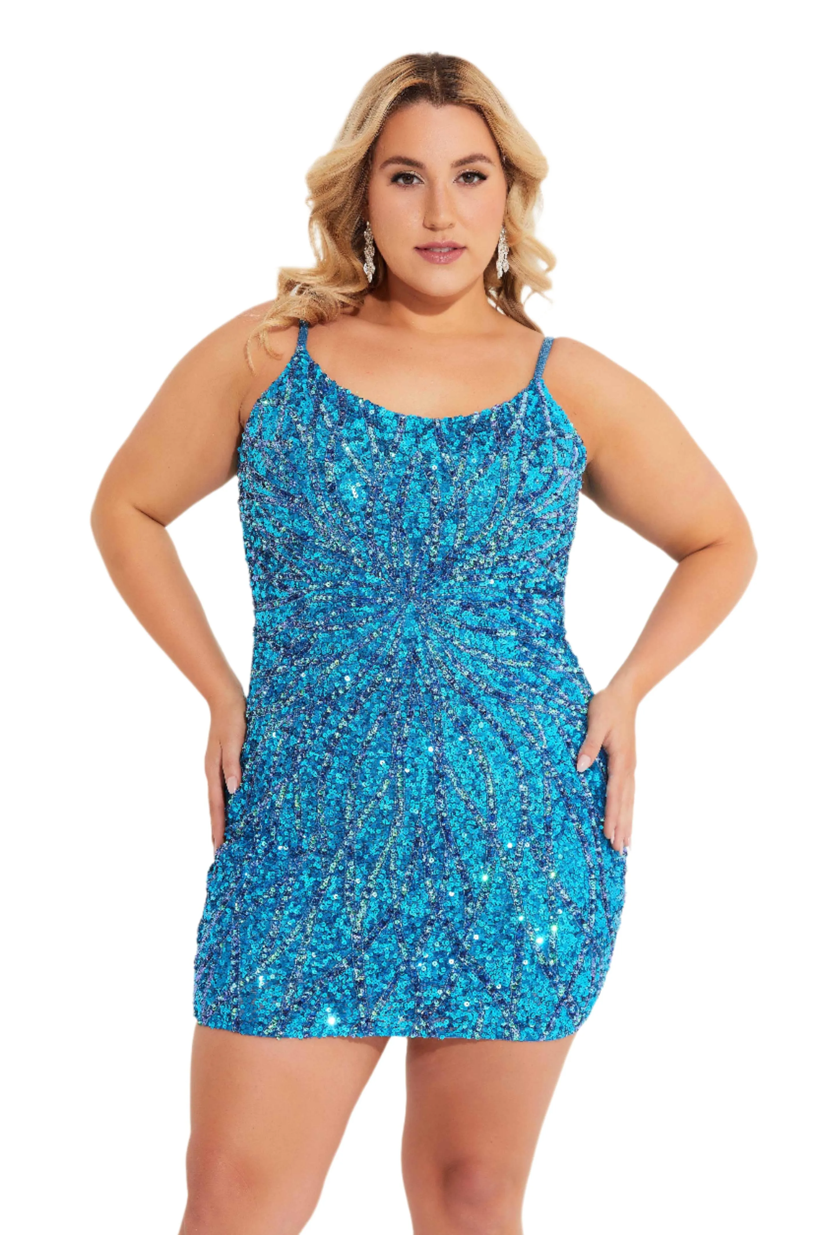 Primavera Couture 14061 Size 24 Peacock Sequin Plus Size Homecoming Cocktail Dress Corset Back Beaded