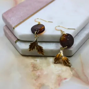 "Amber" Brown Amber Circle Shaped Resin Dangle Earrings with Golden Leaf Charm