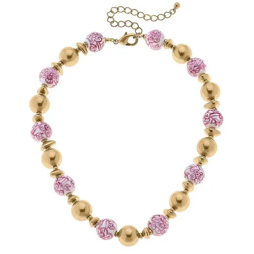 Regina Chinoiserie & Ball Bead Necklace in Pink & White - Canvas Style