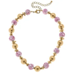 Regina Chinoiserie & Ball Bead Necklace in Pink & White - Canvas Style