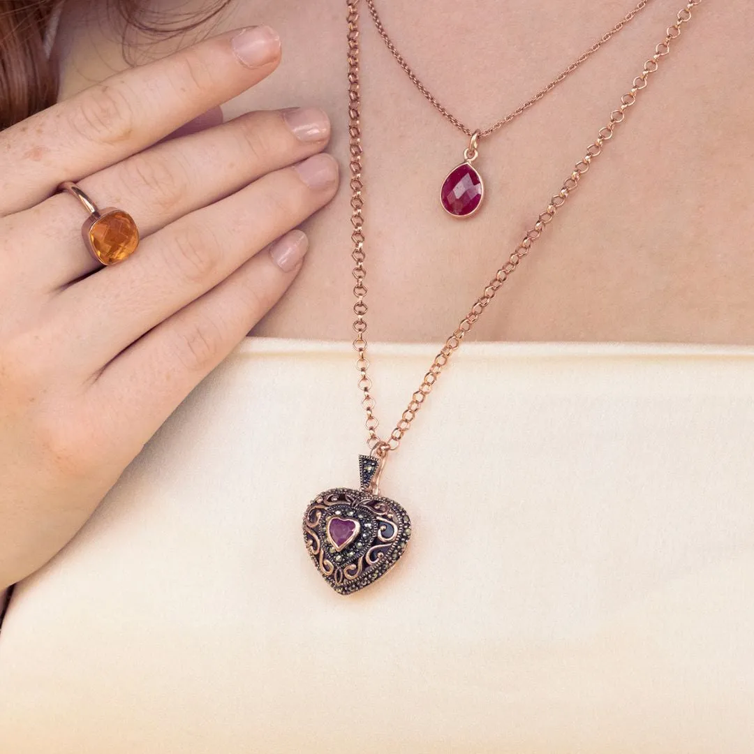 Ruby Vintage Heart Locket | Rose Gold