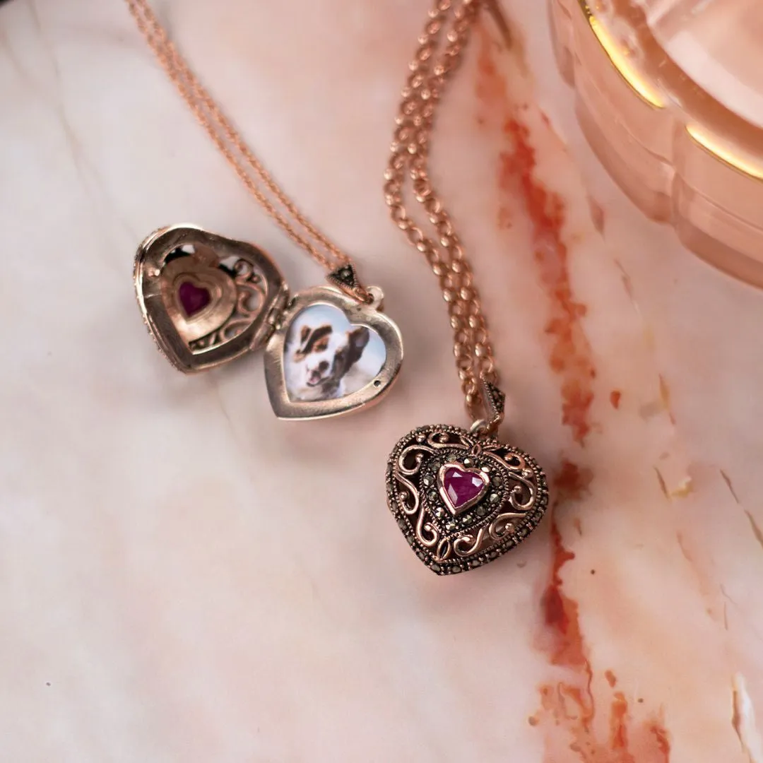 Ruby Vintage Heart Locket | Rose Gold