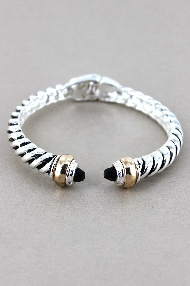 SALE! Two-Tone Rope Textured with Black Crystals Hinged Bangle