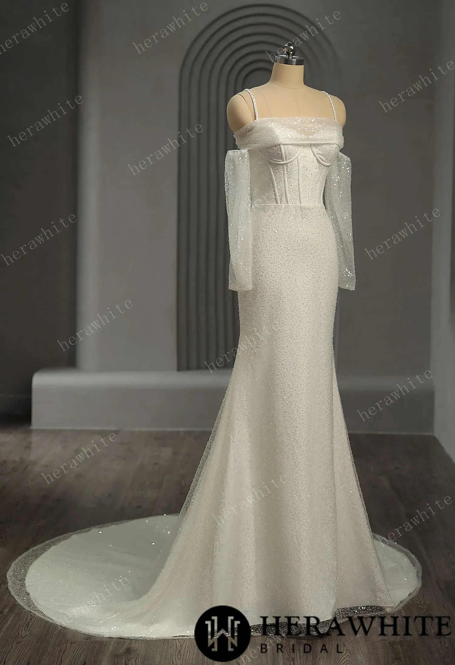 Shiny Beaded Luxury Off-the-Shoulder Wedding Dress With Detachable Sleeves