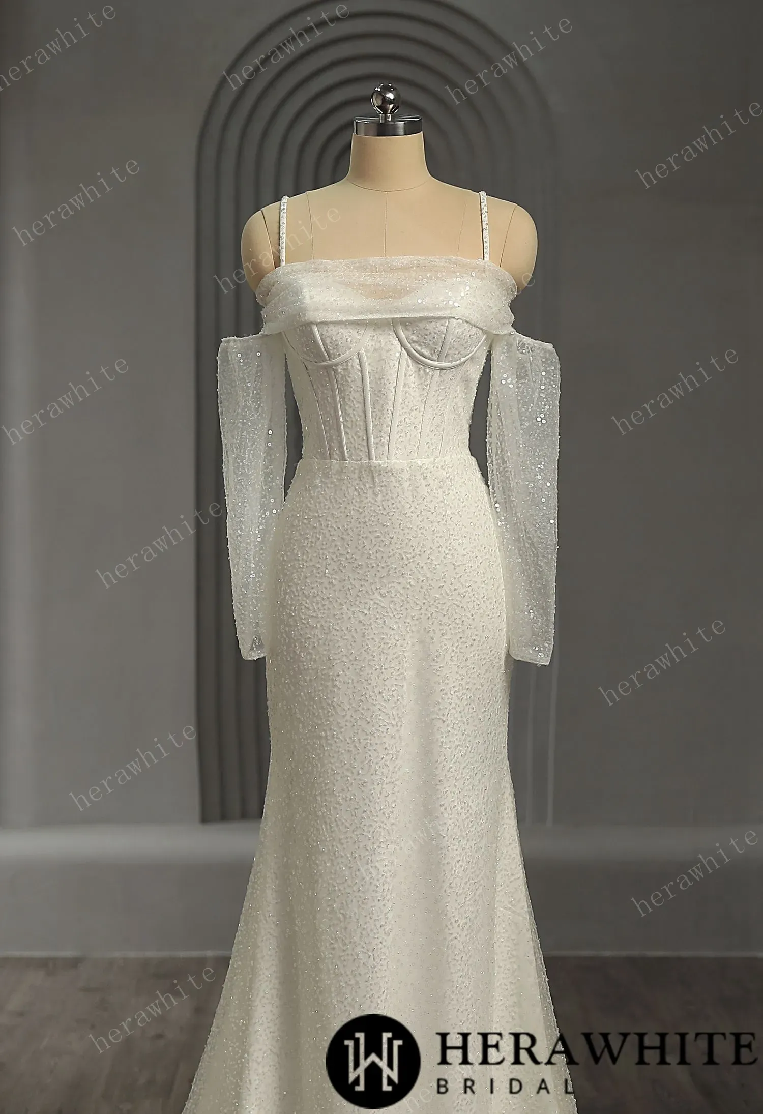 Shiny Beaded Luxury Off-the-Shoulder Wedding Dress With Detachable Sleeves