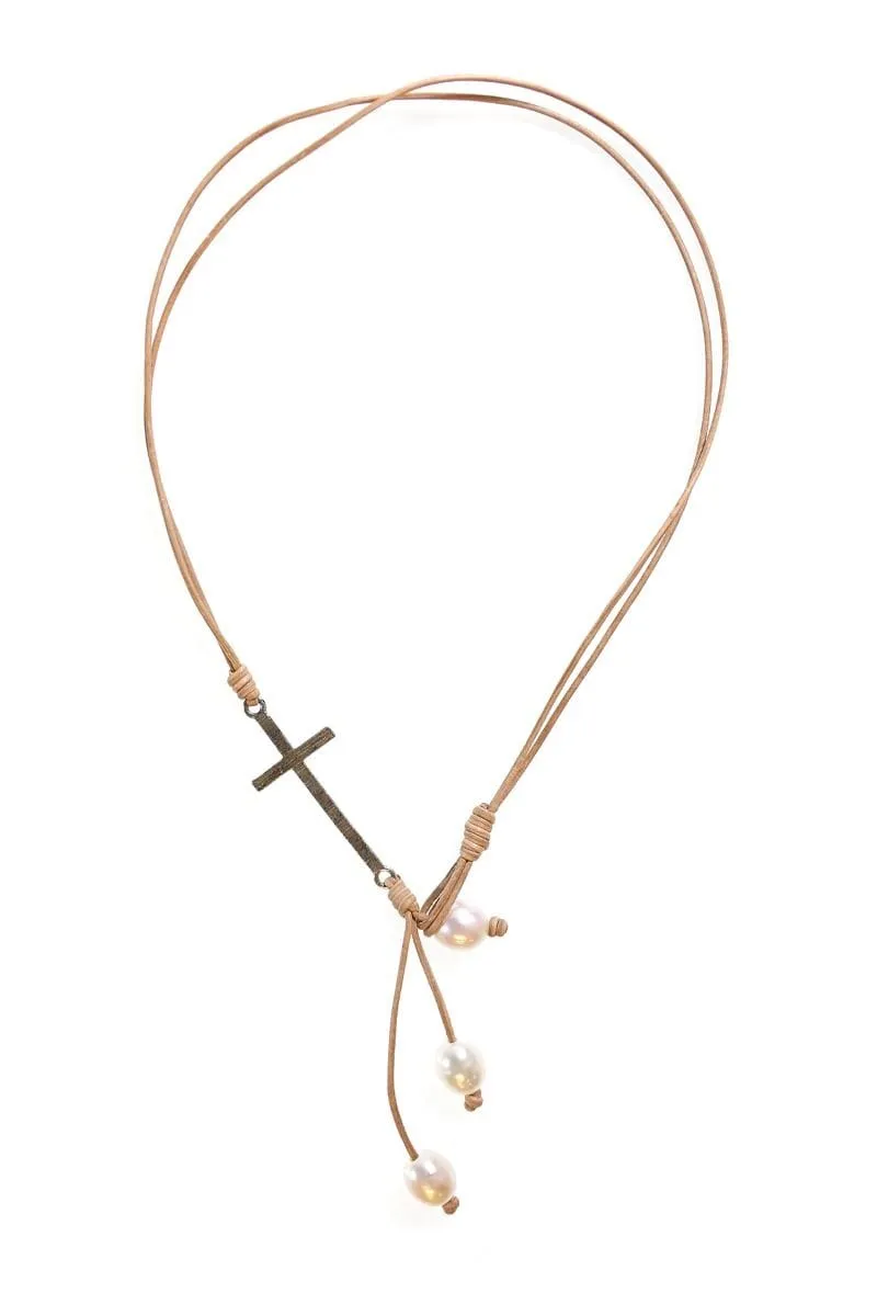 Short Leather Cord Necklace with Cross and Pearls