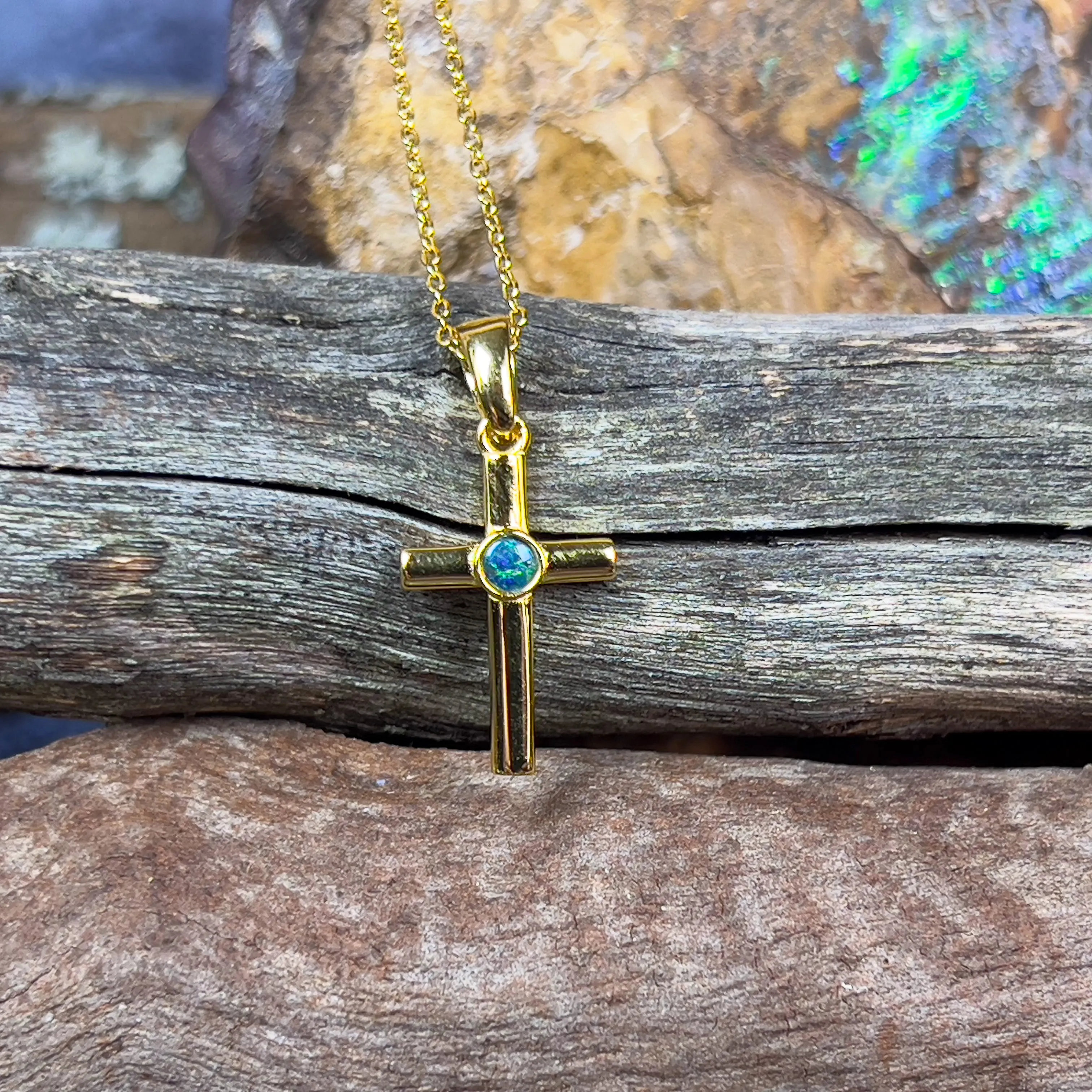 Small Silver Gold plated cross pendant with round 3mm Opal