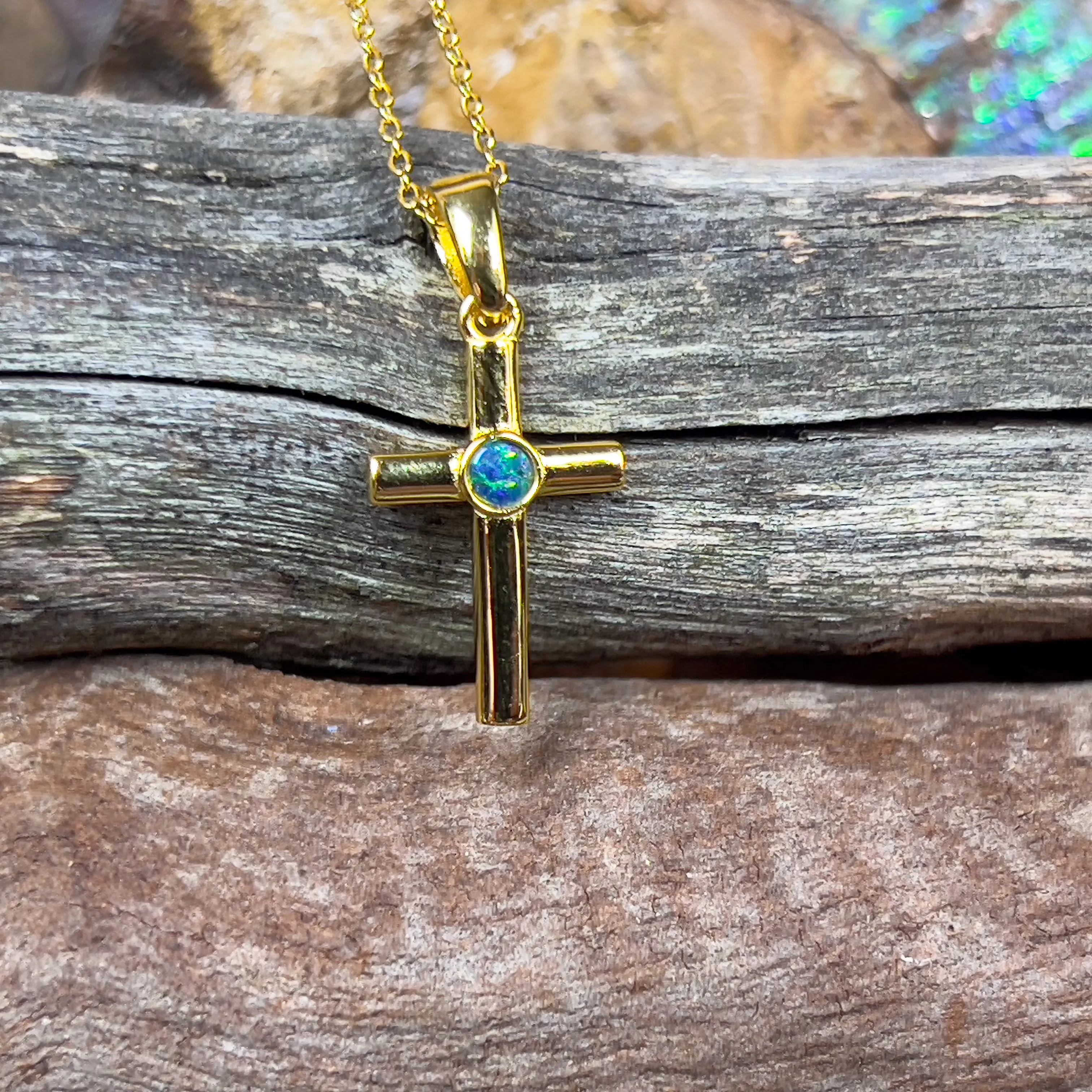 Small Silver Gold plated cross pendant with round 3mm Opal
