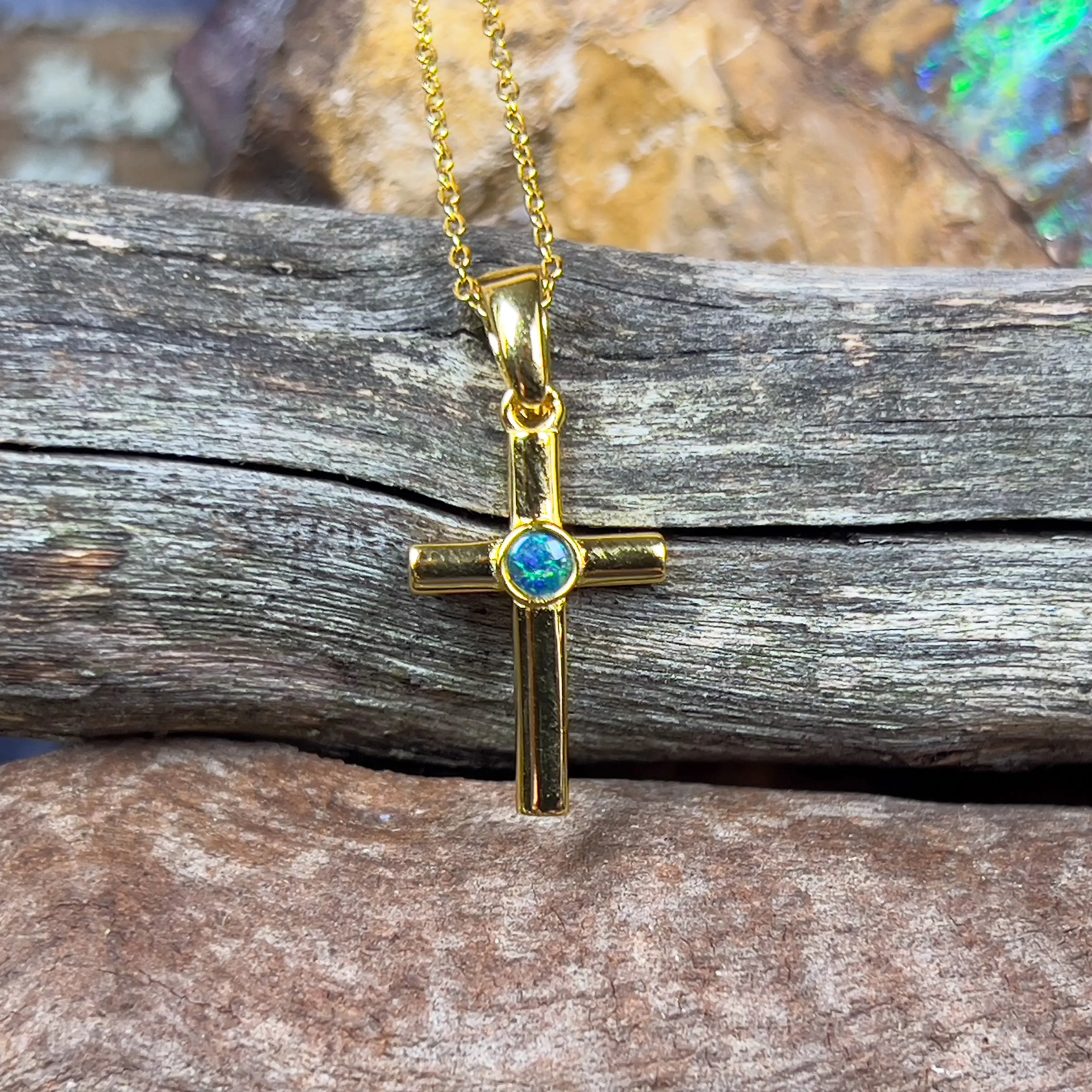 Small Silver Gold plated cross pendant with round 3mm Opal