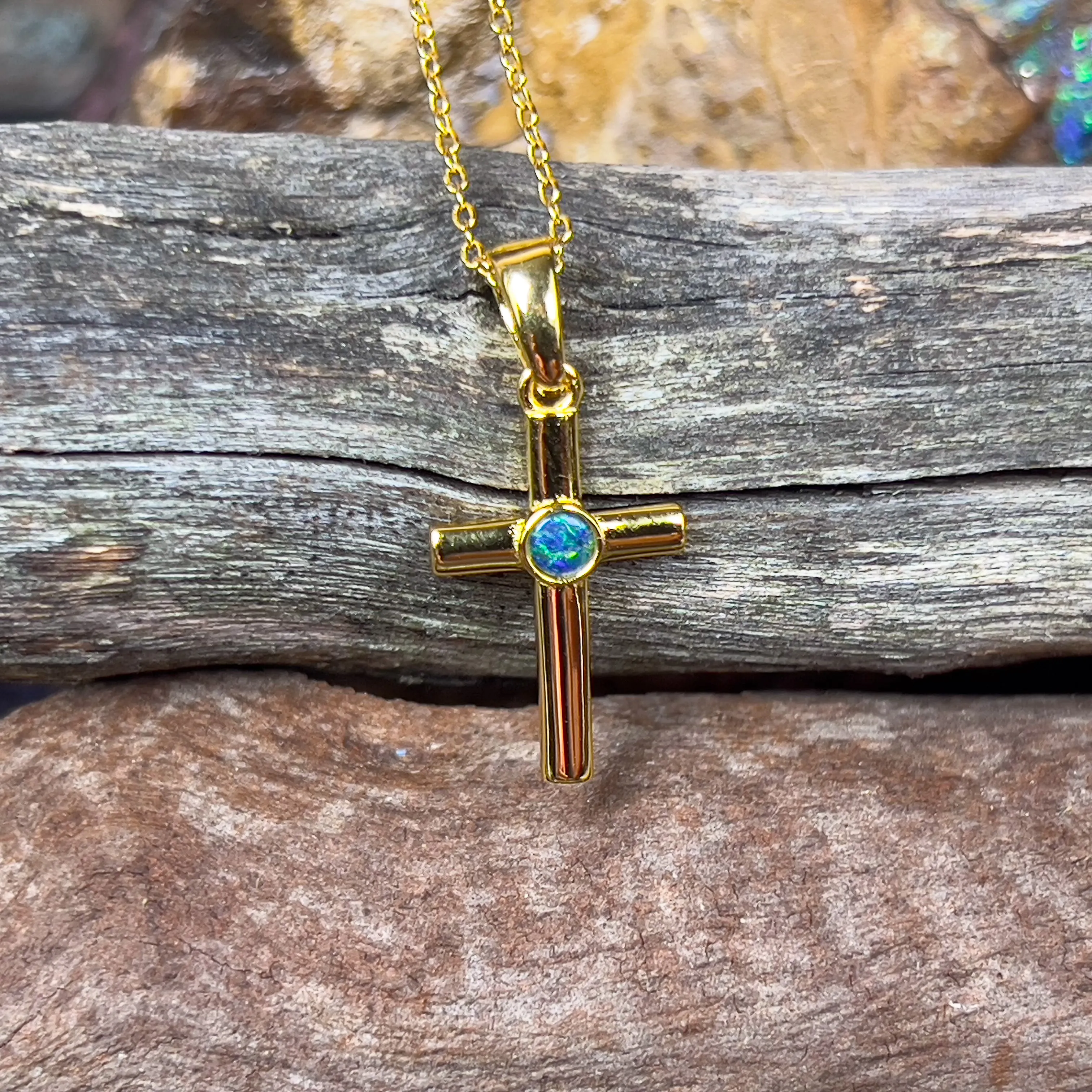 Small Silver Gold plated cross pendant with round 3mm Opal