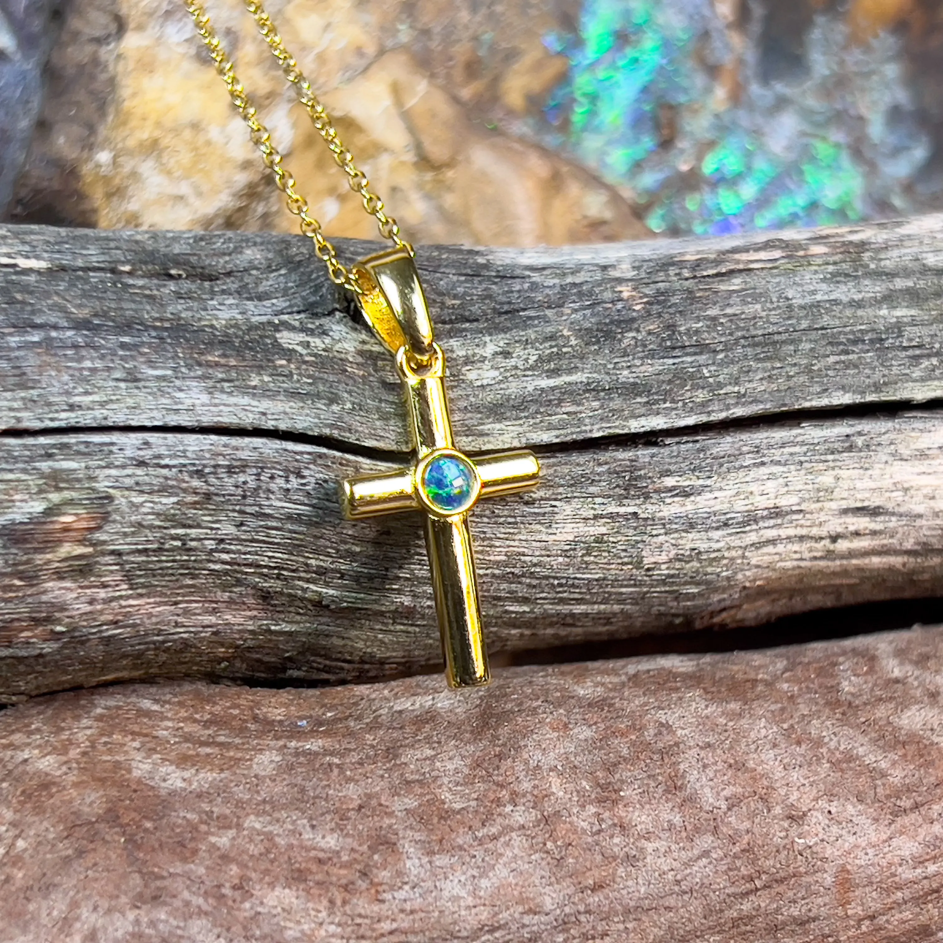 Small Silver Gold plated cross pendant with round 3mm Opal