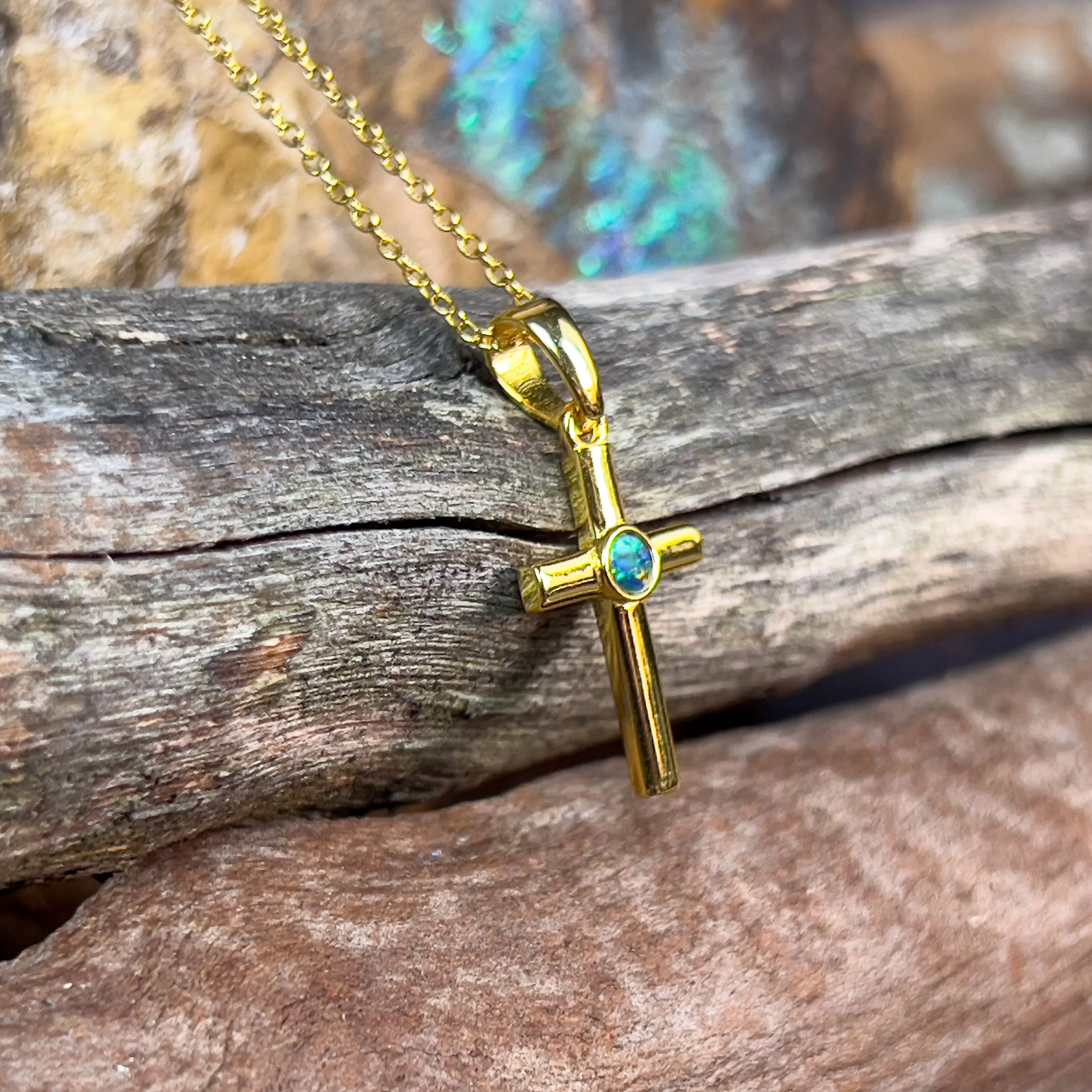 Small Silver Gold plated cross pendant with round 3mm Opal