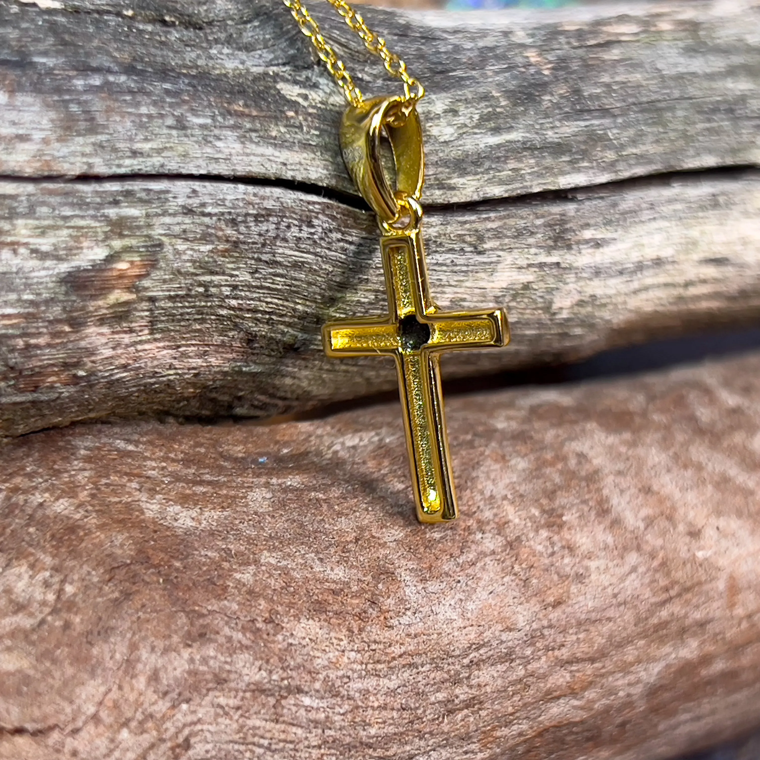 Small Silver Gold plated cross pendant with round 3mm Opal